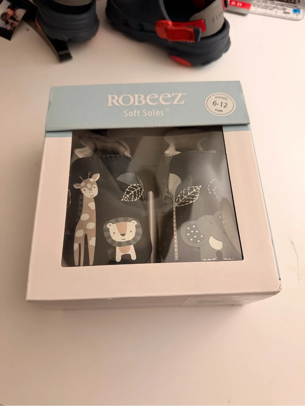 Robeez Soft Soles Hello World Navy Baby Booties with Safari Animals